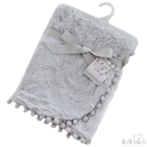 GREY SUPER SOFT WRAP BLANKET WITH POM POM TRIM