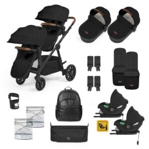 Ickle Bubba Virgo Twin 18 Piece Travel System with i-Size Cirrus Car Seats and Isofix Bases - Black-Black-Tan