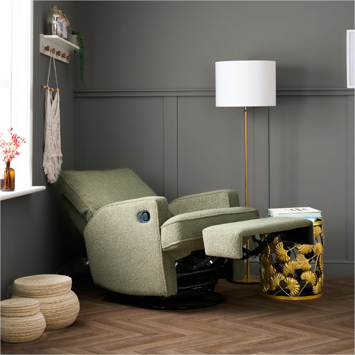 Obaby Madison Swivel Glider Recliner Chair Teddy Fabric Olive (10)